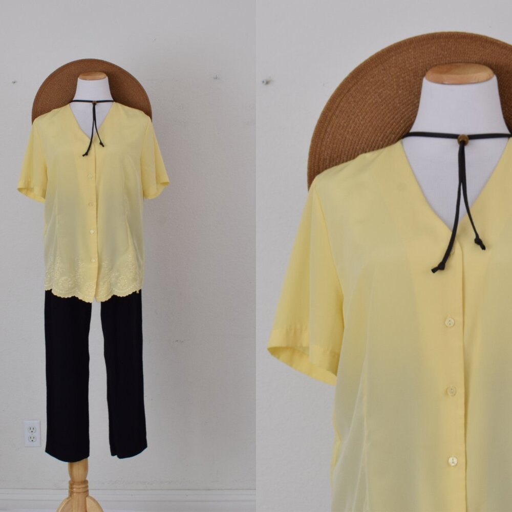 Vintage‎ 90s Yellow Polyester Embroidered Blouse | size Large